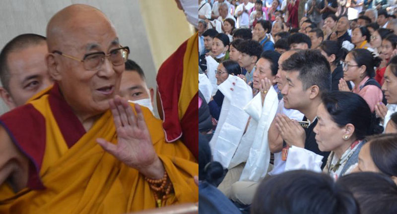 2024年6月3日，达赖喇嘛尊者在达兰萨拉的大昭寺向前来聆听其教诲的人群挥手致意。